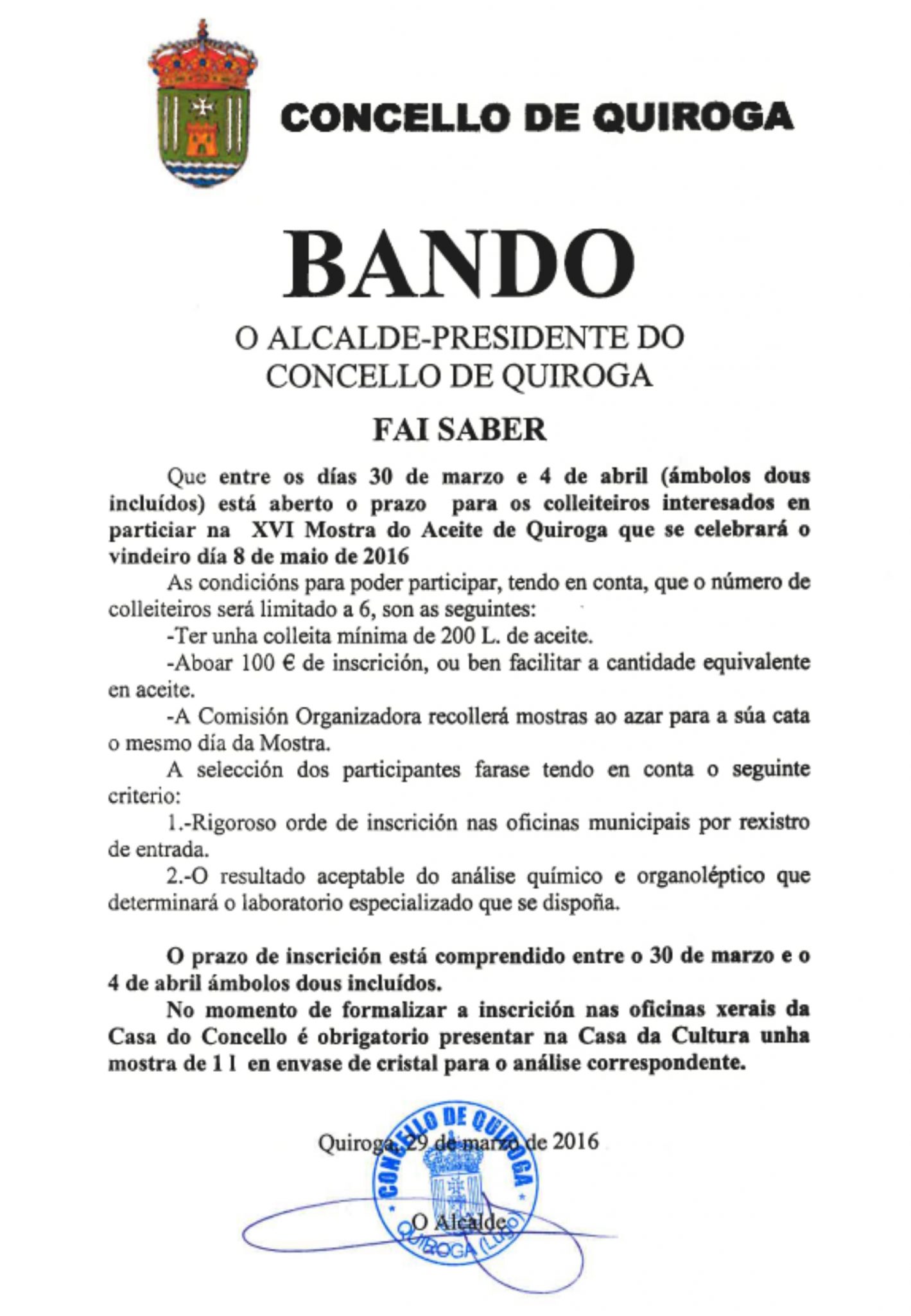 Bando de inscripción en la XVI Muestra del Aceite de Quiroga