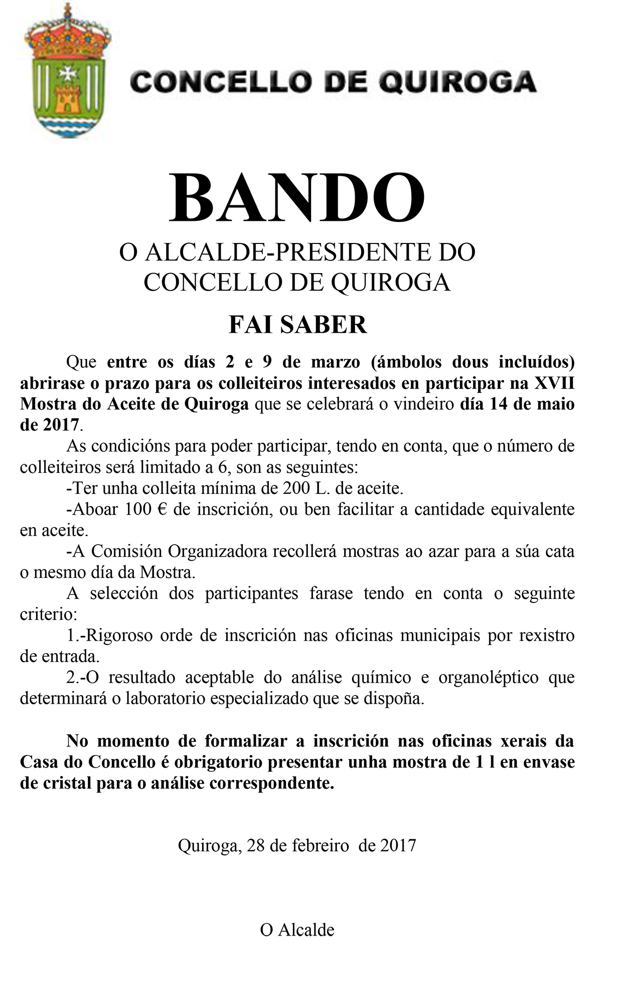 Bando de la XVII Muestra del Aceite de Quiroga