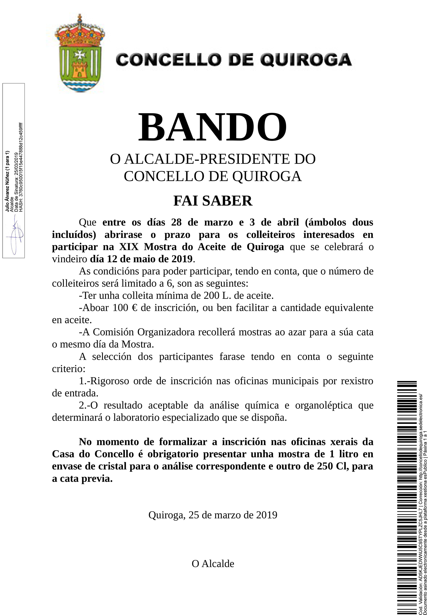 Bando de inscripción en la 19 Muestra del Aceite de Quiroga